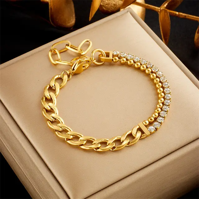 Asymmetric Diamond Double layer Thick Chain Titanium Steel Metal Punk Hip Hop Simple All Match Jewelry Bracelet Gold - Shop at LoveMi