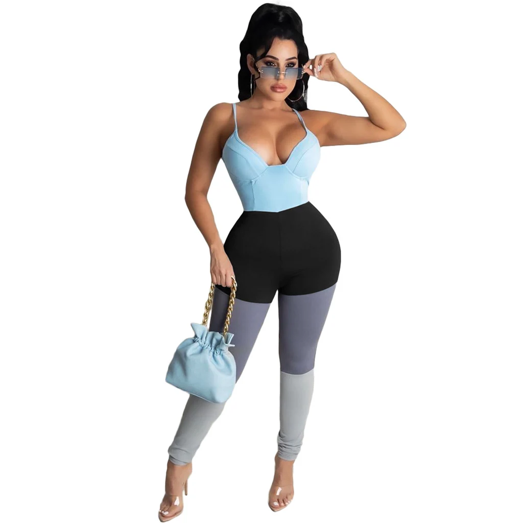 Multi-color Mosaic Vest Sexy Suspenders Jumpsuit - Light Blue