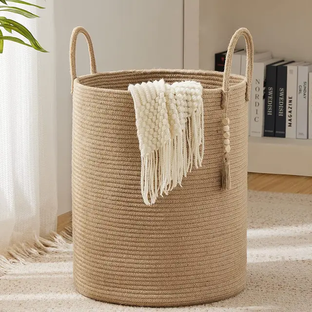 Dirty Clothes Basket Weaved Storage Basket Home Cotton String Straw Sundries Coffee Color - Shop at LoveMi