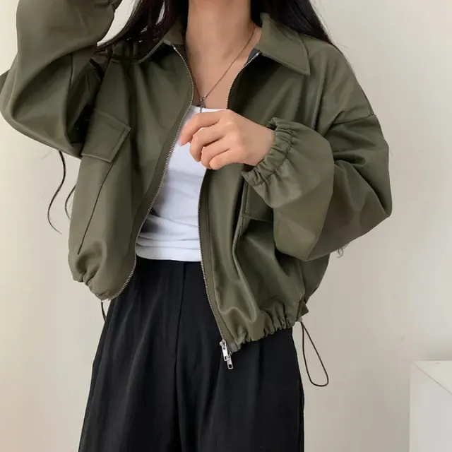 Lapel Double Zipper Pocket Long Sleeve Leather Coat Army Green - Shop at LoveMi