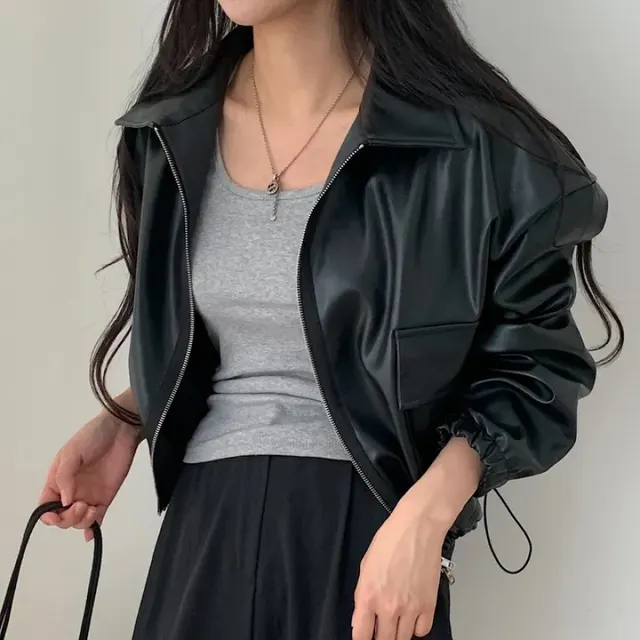 Lapel Double Zipper Pocket Long Sleeve Leather Coat Black - Shop at LoveMi