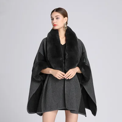 Imitation Rex Rabbit Fur Collar Cape And Shawl Women's Plus Size Loose Woolen Coat Gray - Shop at LoveMi