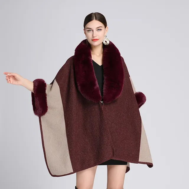 Imitation Rex Rabbit Fur Collar Cape And Shawl Women's Plus Size Loose Woolen Coat Wine Red - Shop at LoveMi