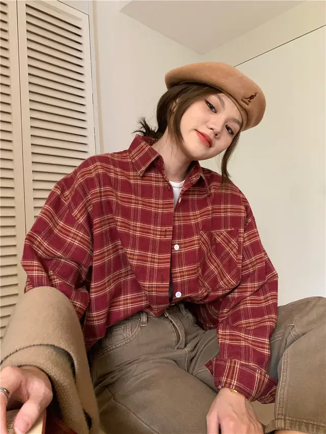 Polo Collar Brushed Shirt Women's Plaid Coat Top Red - Shop at LoveMi