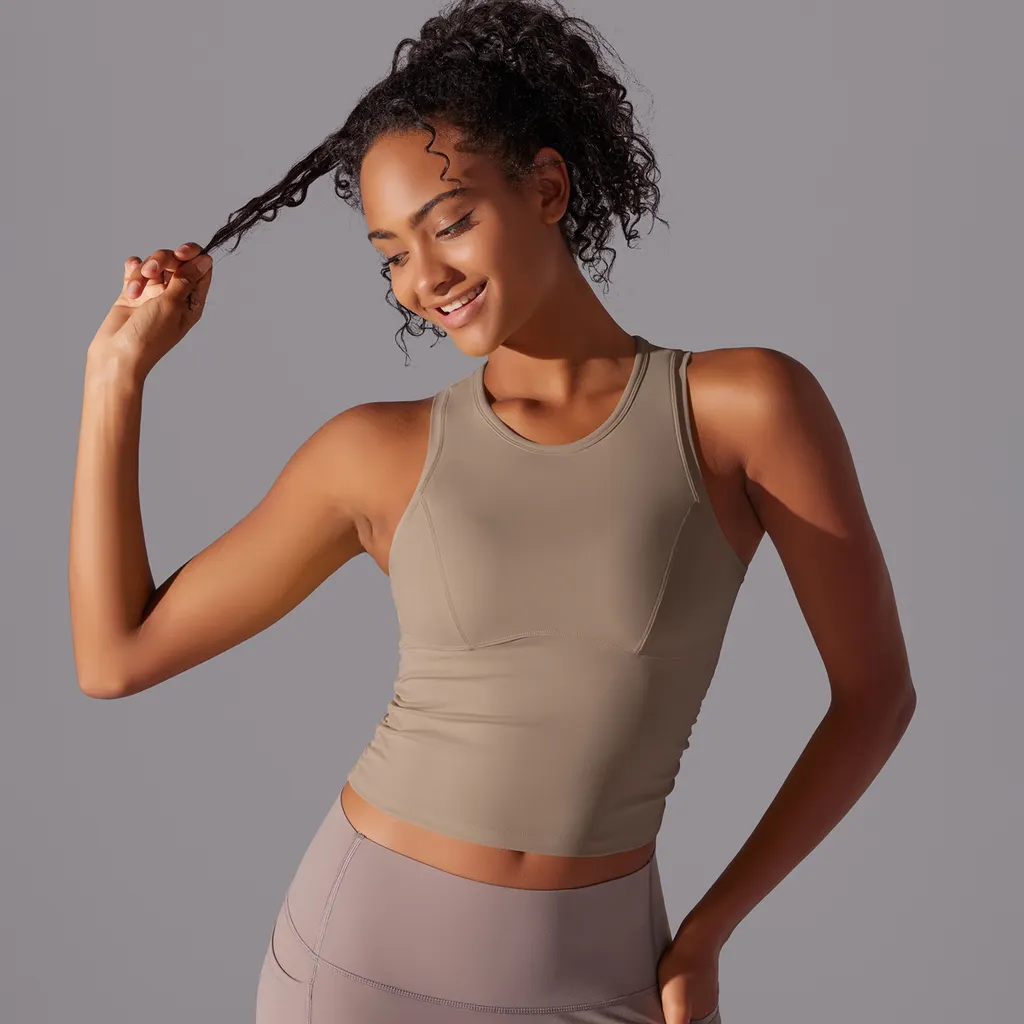 Women's Long High Elastic Sports Vest With Chest Pad - Cocoa Color