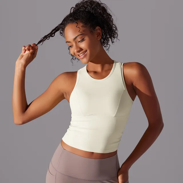 Women's Long High Elastic Sports Vest With Chest Pad Light Ivory - Shop at LoveMi