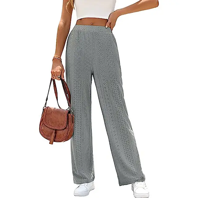 Women's Casual Solid Color Hollow Elastic Waist Wide Leg Pants Gray - Shop at LoveMi