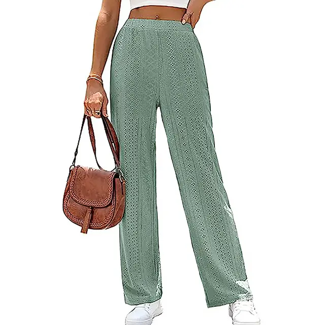 Women's Casual Solid Color Hollow Elastic Waist Wide Leg Pants Green - Shop at LoveMi