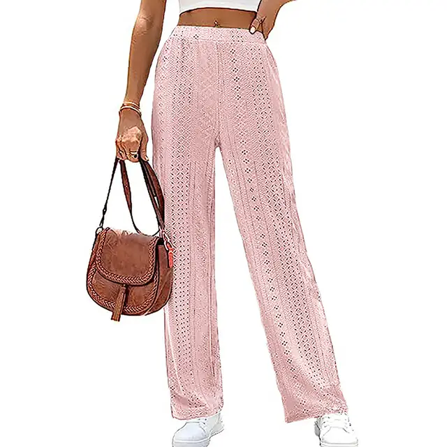 Women's Casual Solid Color Hollow Elastic Waist Wide Leg Pants Pink - Shop at LoveMi