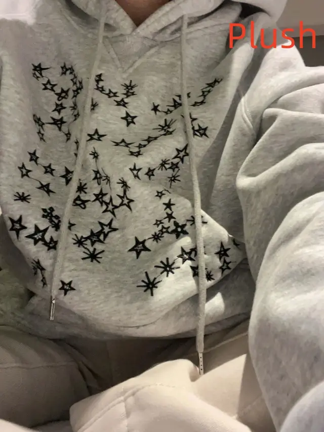 XINGX Embroidered Loose Hooded Sweater Couple Coat Gray Plush - Shop at LoveMi