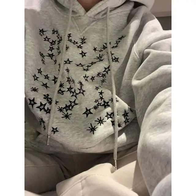XINGX Embroidered Loose Hooded Sweater Couple Coat Gray - Shop at LoveMi