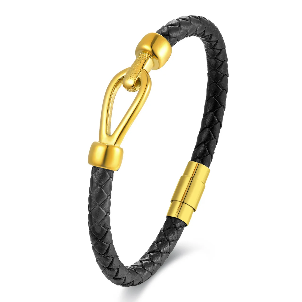 Simple Men's Titanium Steel Woven Leather Bracelet - Golden 19Cm