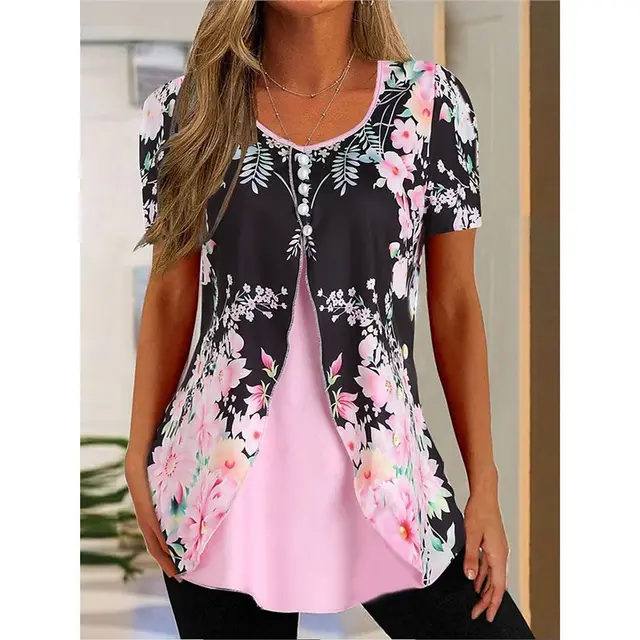 Women's Floral Print Round Neck False Two Pieces Button Short Sleeve T shirt 01Style - Shop at LoveMi