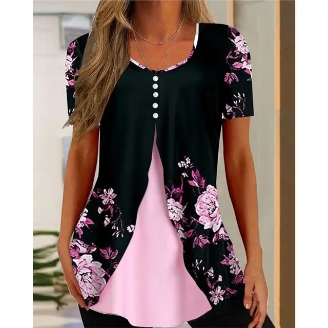 Women's Floral Print Round Neck False Two Pieces Button Short Sleeve T shirt 06Style - Shop at LoveMi
