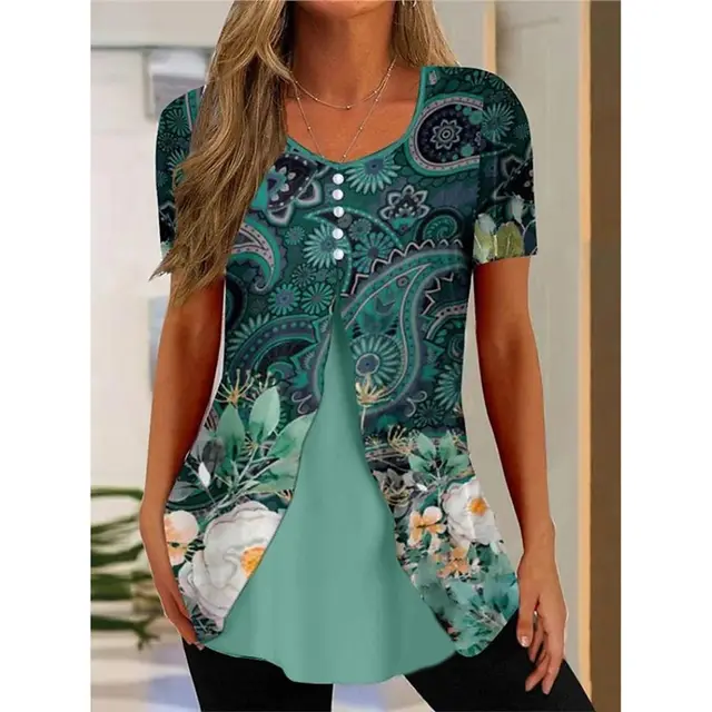 Women's Floral Print Round Neck False Two Pieces Button Short Sleeve T shirt 07Style - Shop at LoveMi