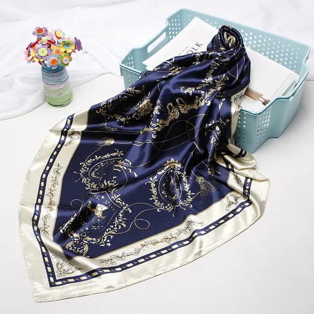High end Versatile Retro Printed Artificial Silk Scarf For Women D9023 M Navy Blue - Shop at LoveMi