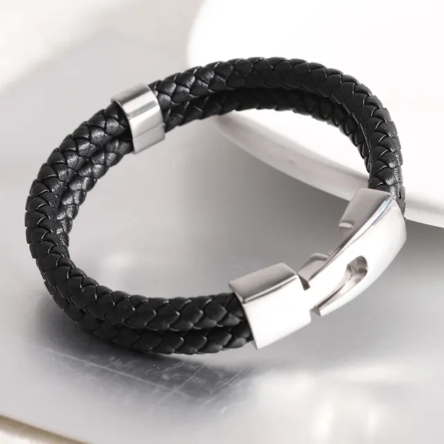 European American Simple Versatile Men's Double Layer Leather Rope Hooks Bracelet Women Black - Shop at LoveMi
