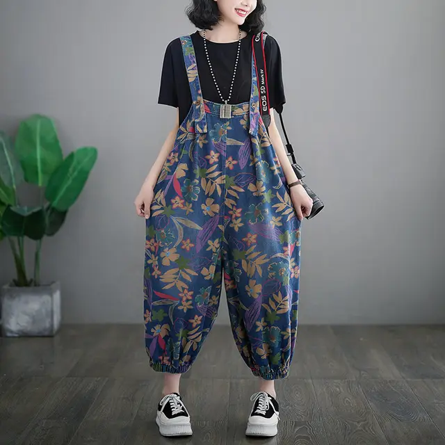 Loose Slimming Slim Fit Printed Cropped Denim Suspender Pants - Shop at LoveMi