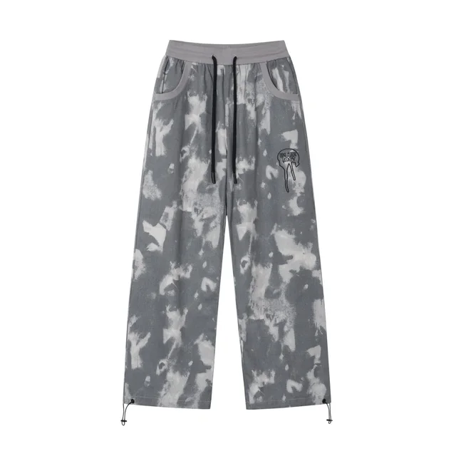 Special Craft Contrast Color Abstract Embroidered Loose Casual Dopamine Wide Leg Trousers Gray - Shop at LoveMi
