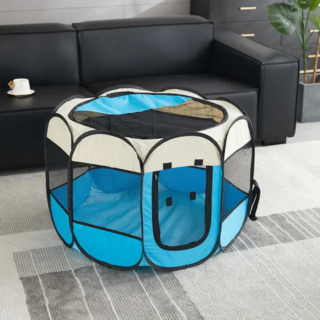 Pet Octagonal Cage Fence Folding Waterproof Beige And Blue - Shop at LoveMi