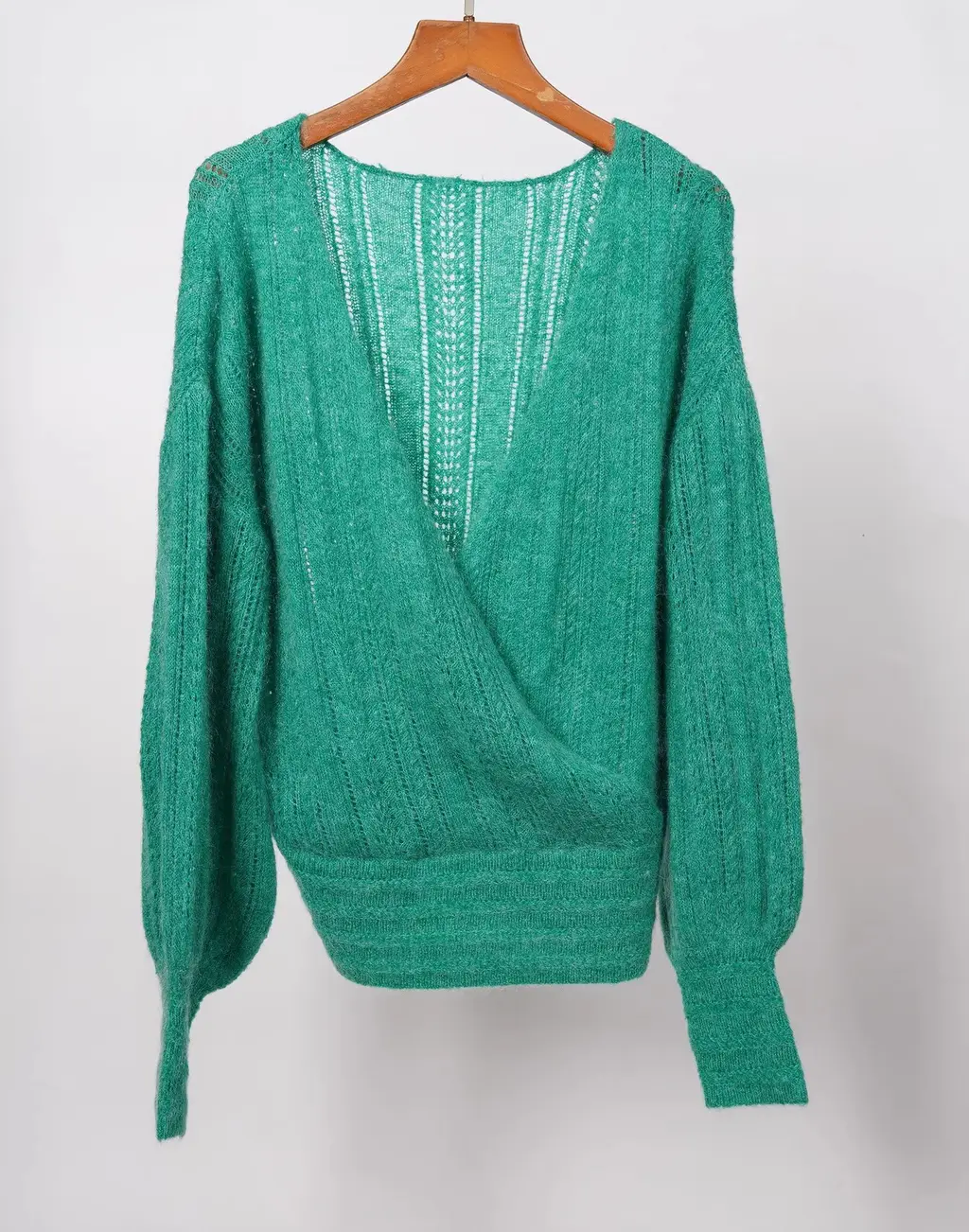 Crocheted Hollow Out V-neck Cross Bandage Dress French High Waist Pullover Sweater - Green