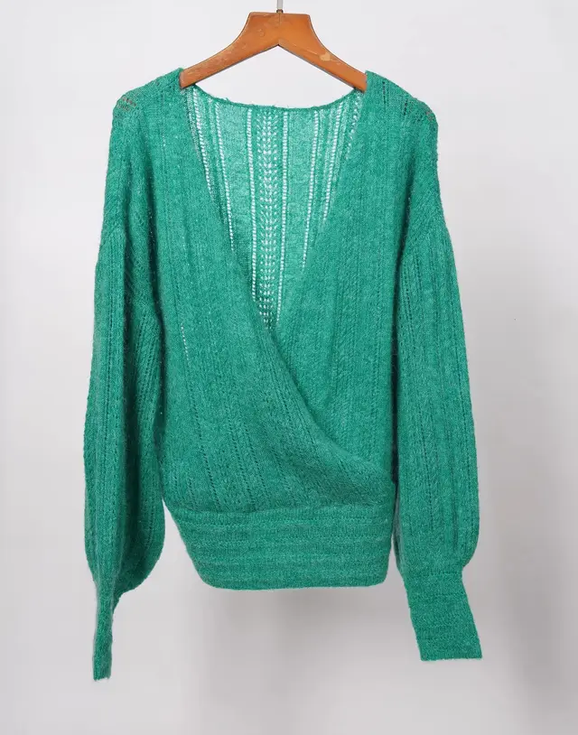 Crocheted Hollow Out V neck Cross Bandage Dress French High Waist Pullover Sweater Green - Shop at LoveMi