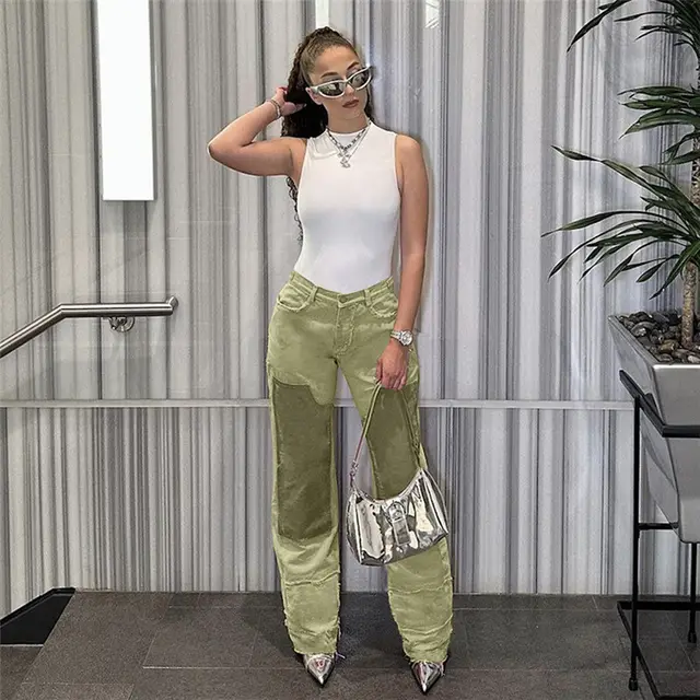 Fashion Street Patch Stitching Brushed Trousers For Women Green - Shop at LoveMi