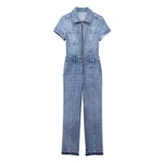 Fall European And American Style Long Denim Jumpsuit - Blue