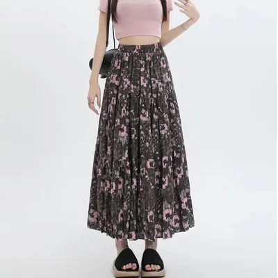Chiffon Floral Long Dress High Waist Umbrella Skirt A Line Skirt Brown - Shop at LoveMi