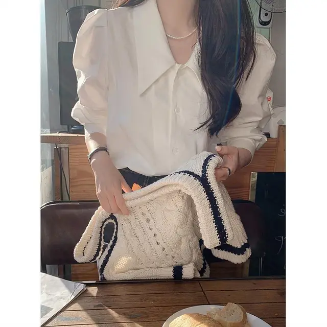 White French Style Shirt For Women Spring And Autumn Chic Puff Sleeve White - Shop at LoveMi
