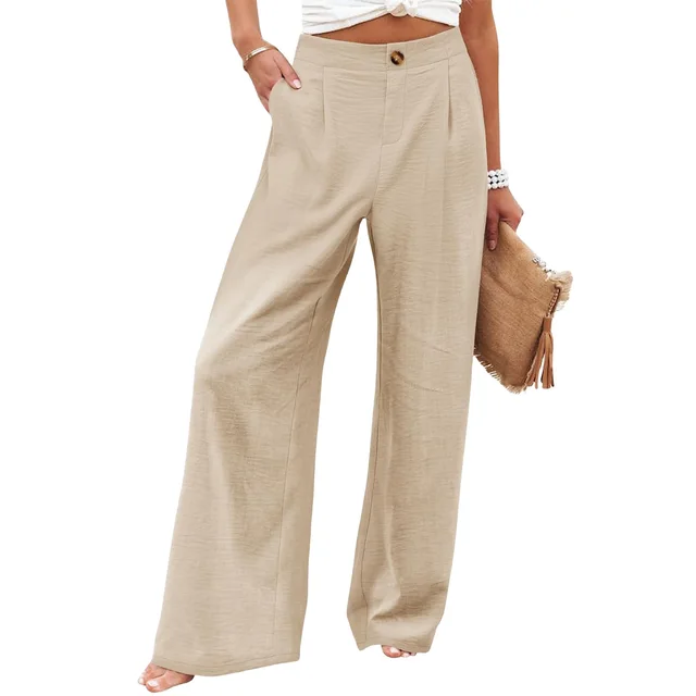 Women's Button Elastic Waist Wide Leg Trousers Apricot - Shop at LoveMi