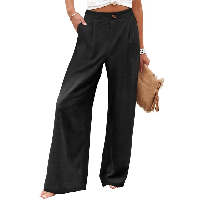 Women's Button Elastic Waist Wide Leg Trousers Black - Shop at LoveMi
