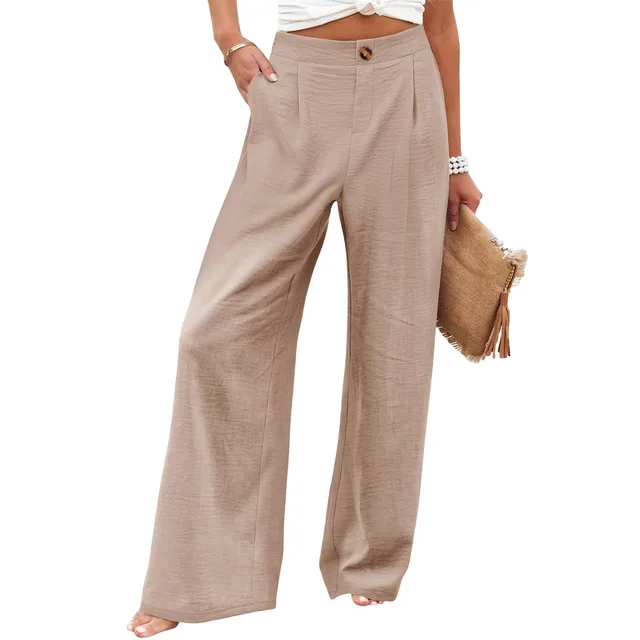 Women's Button Elastic Waist Wide Leg Trousers Khaki - Shop at LoveMi