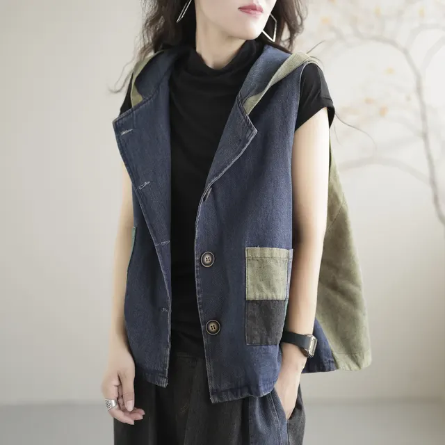 Women's Retro Loose Hooded Ethnic Style Stitching Patchwork Coat Vest Blue - Shop at LoveMi