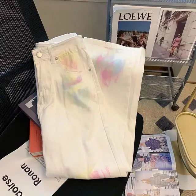 Retro Tie dye Graffiti Straight High Waist Jeans For Women Beige - Shop at LoveMi