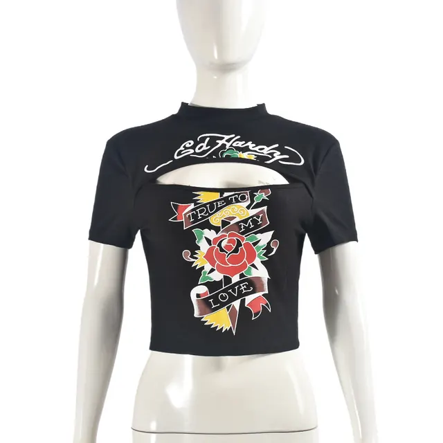 Printed Rose Slim Crop top Short Top Black - Shop at LoveMi