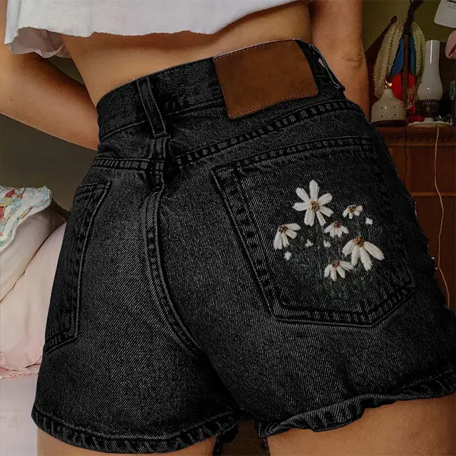 Printed Summer Artistic Vintage Women's Clothing Denim Shorts Black And Gray - Shop at LoveMi