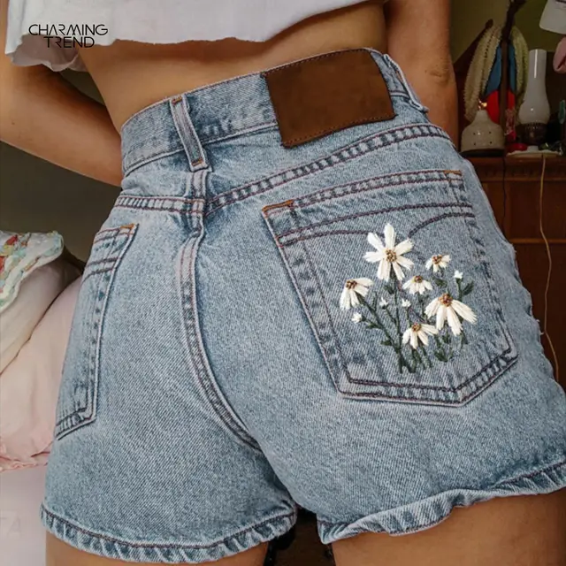 Printed Summer Artistic Vintage Women's Clothing Denim Shorts Light Blue - Shop at LoveMi