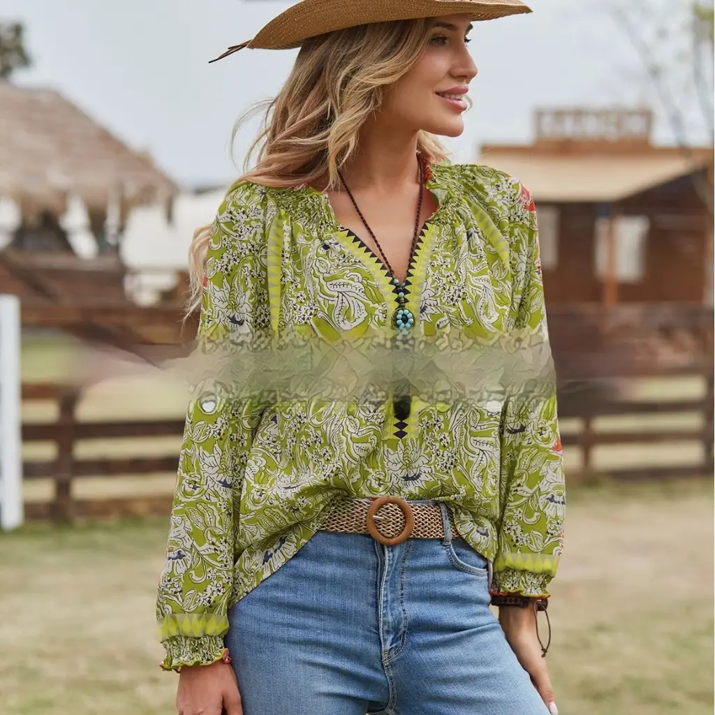 Women's Bohemian Print Flare Sleeve Shirt - Green