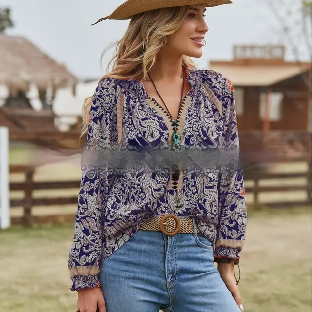 Women's Bohemian Print Flare Sleeve Shirt Purple - Shop at LoveMi
