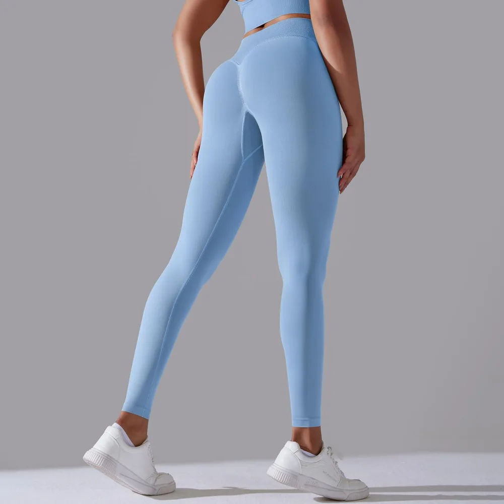 Women's Seamless Knitted Solid Color High Waist Tight Pants Sky Blue - Shop at LoveMi