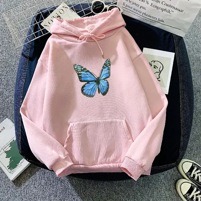Thickened Fleece lined Autumn And Winter Printing Butterfly Sweater Pink - Shop at LoveMi