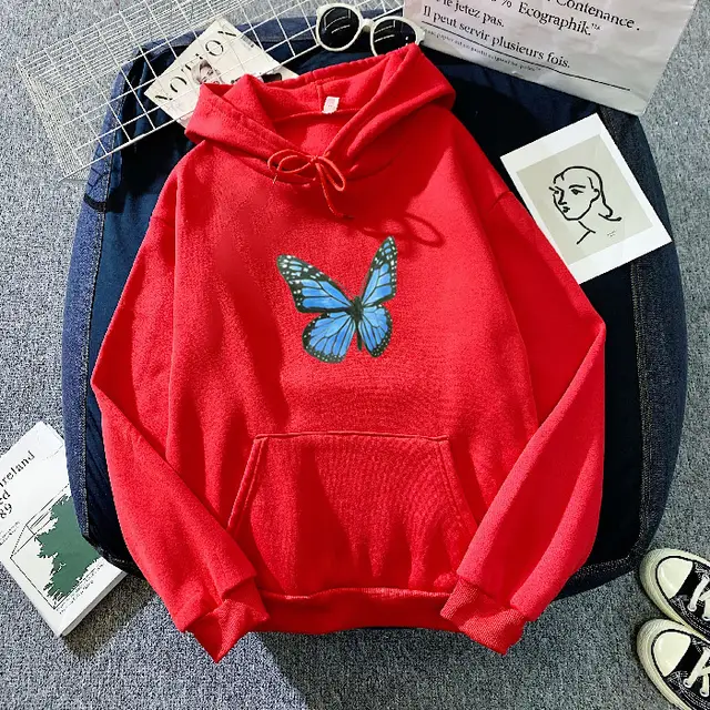 Thickened Fleece lined Autumn And Winter Printing Butterfly Sweater Red - Shop at LoveMi