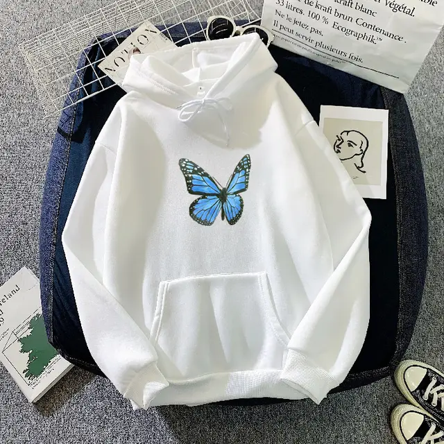 Thickened Fleece lined Autumn And Winter Printing Butterfly Sweater White - Shop at LoveMi