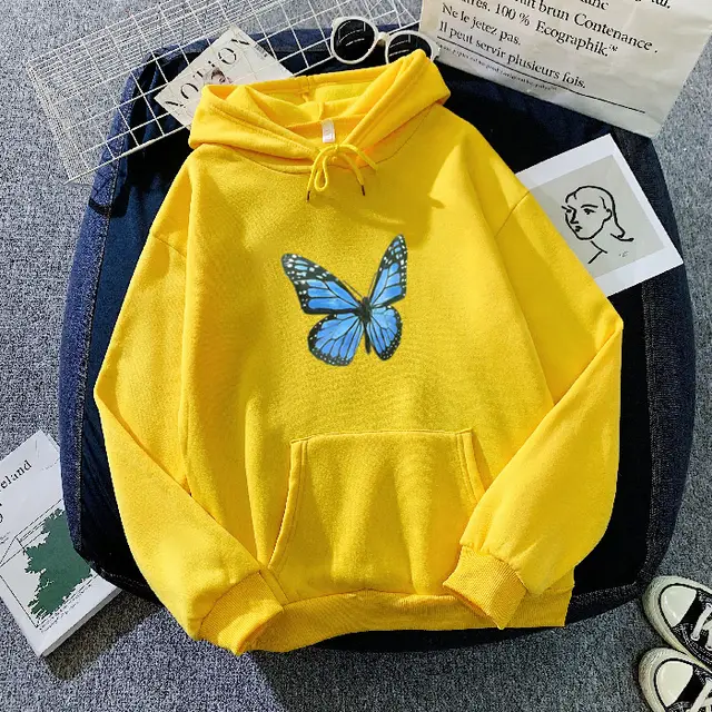 Thickened Fleece lined Autumn And Winter Printing Butterfly Sweater Yellow - Shop at LoveMi