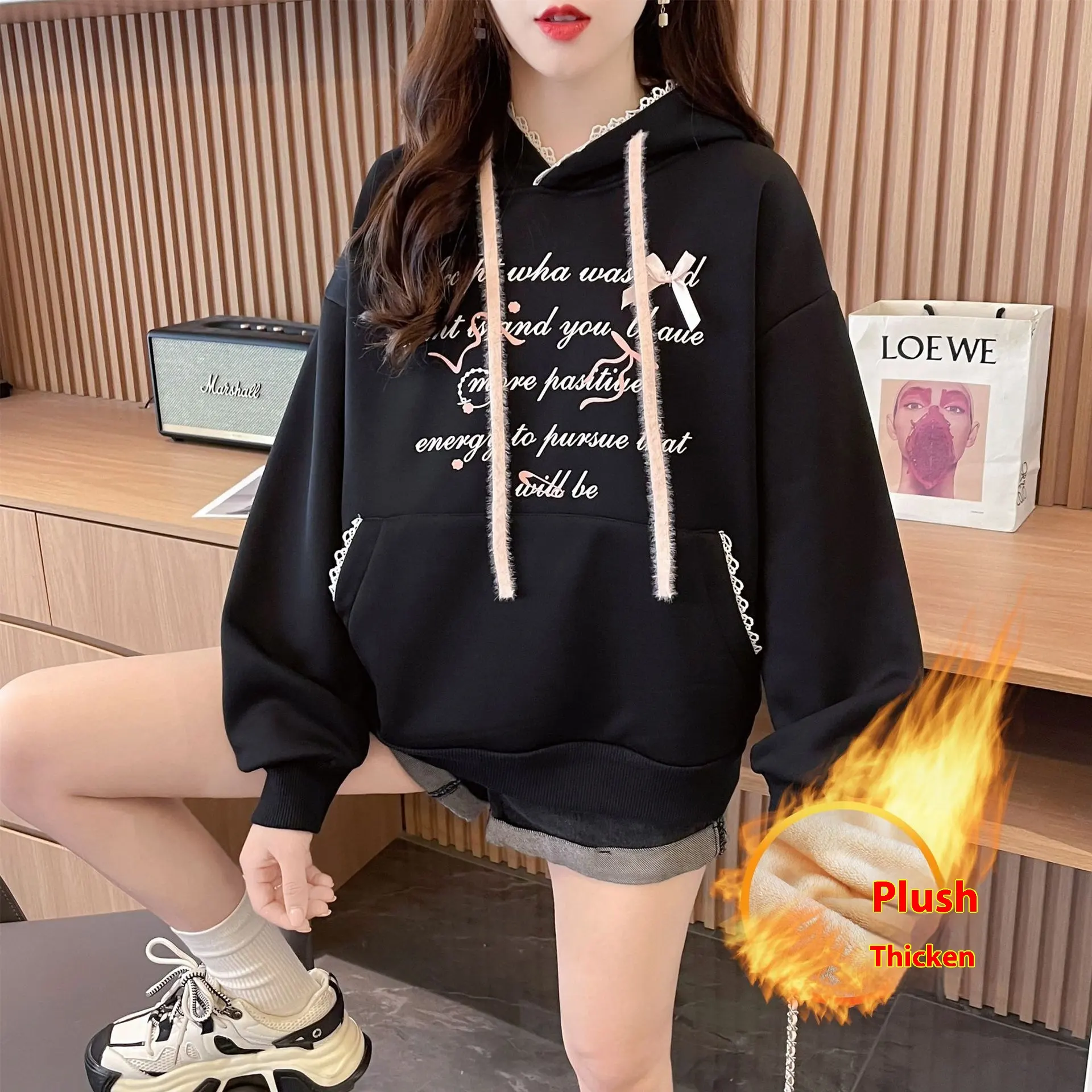 Hooded Design Letter Long Sleeve Sweater For Women - Black