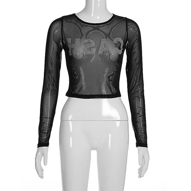 Summer Women's Cash Letter Crew Neck Mesh Long sleeved T shirt Top Black - Shop at LoveMi