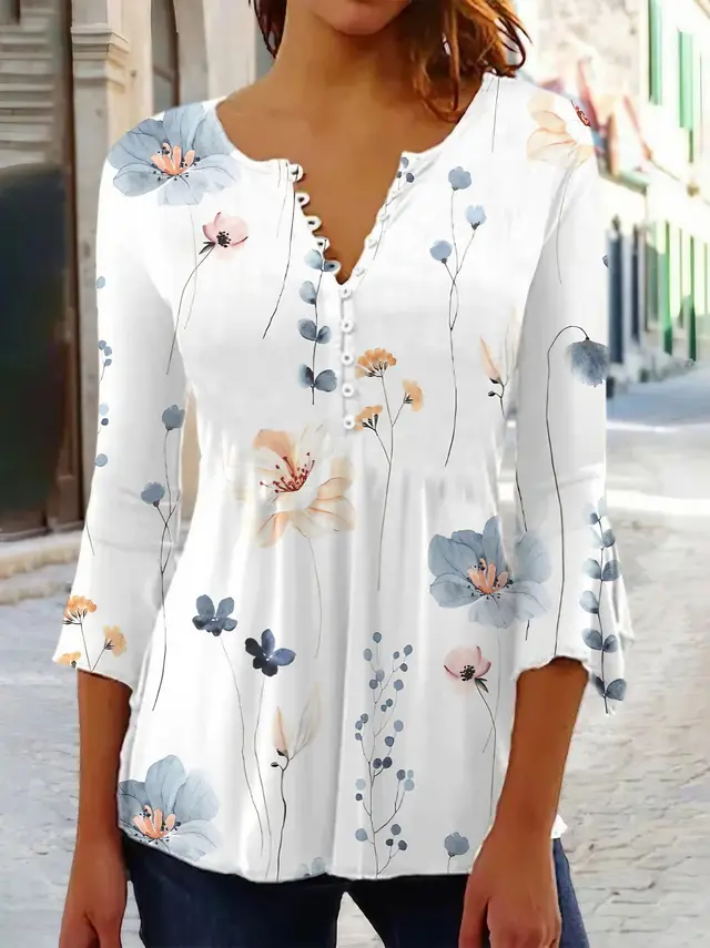 Women's Floral Printed 34 Sleeves V neck Buttons Shirt Qfx24 - Shop at LoveMi