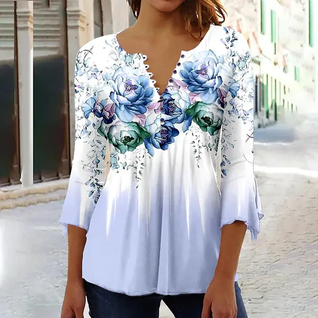Women's Floral Printed 34 Sleeves V neck Buttons Shirt Qfx29 - Shop at LoveMi
