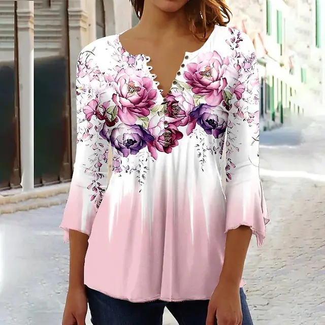 Women's Floral Printed 34 Sleeves V neck Buttons Shirt Qfx30 - Shop at LoveMi